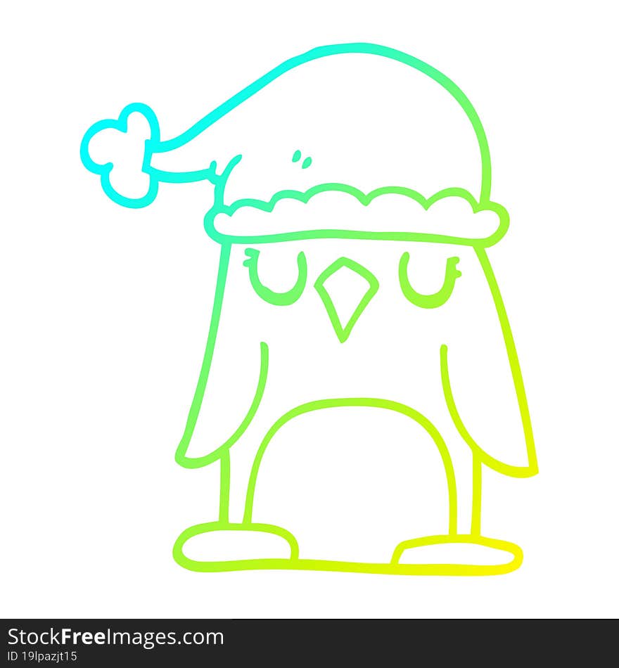 Cold Gradient Line Drawing Cartoon Penguin Wearing Christmas Hat