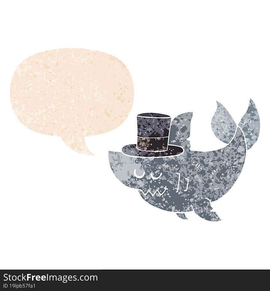 cartoon shark wearing top hat and speech bubble in retro textured style