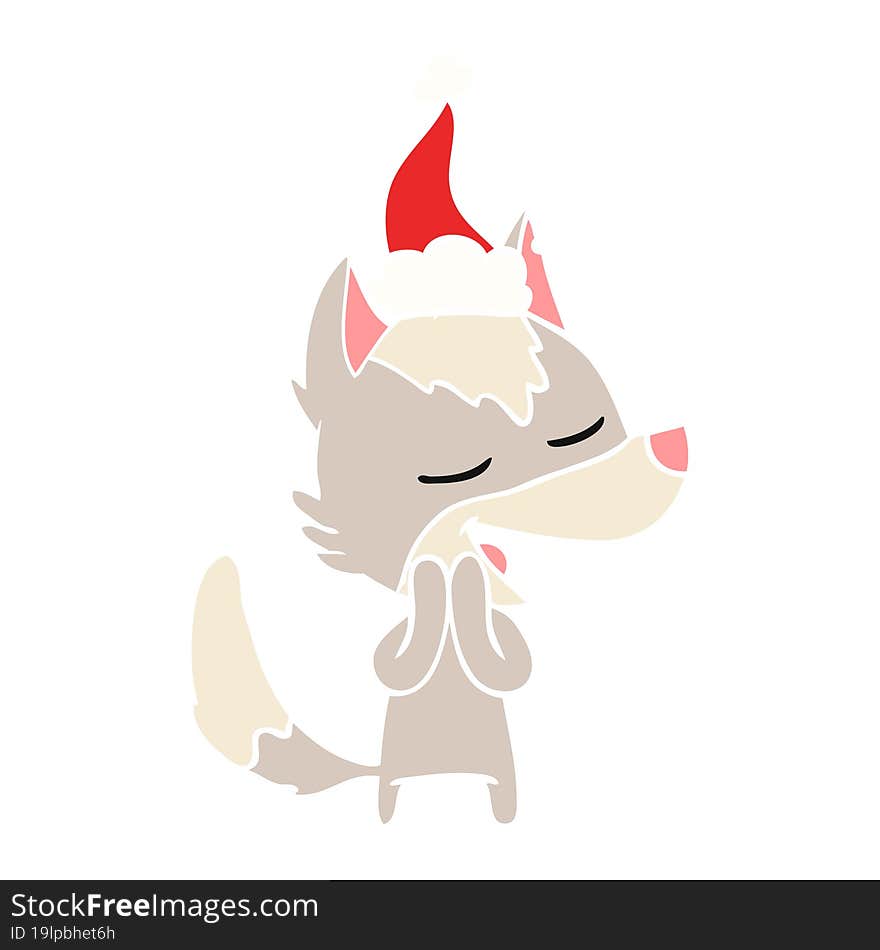 hand drawn flat color illustration of a wolf laughing wearing santa hat