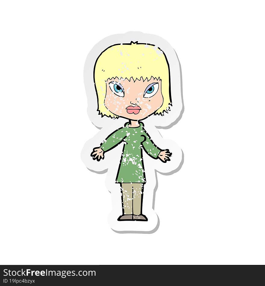 retro distressed sticker of a cartoon woman with open arms