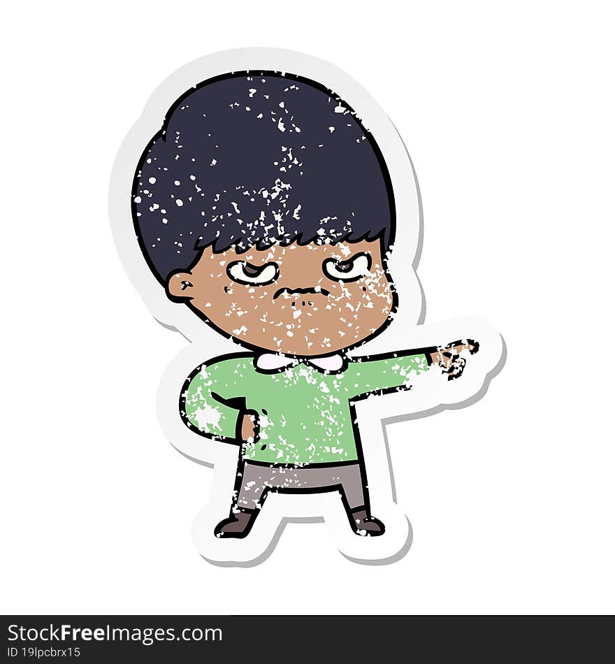 distressed sticker of a annoyed cartoon boy