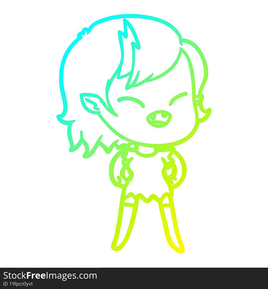 cold gradient line drawing of a cartoon laughing vampire girl