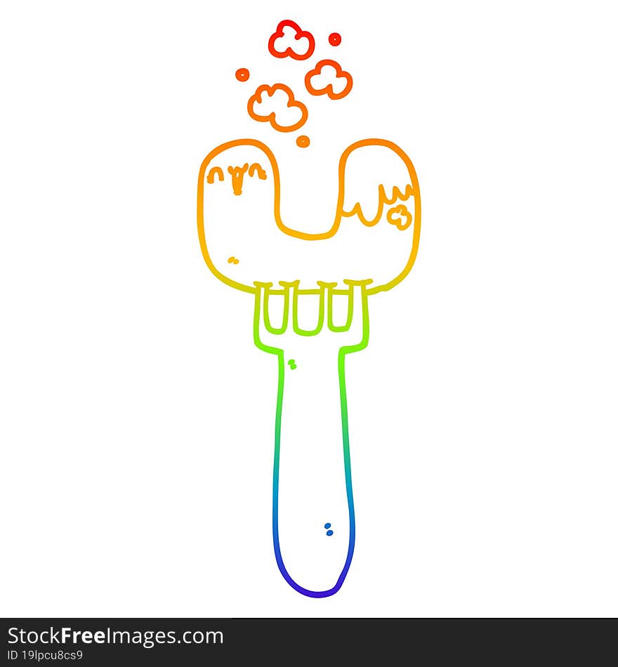 rainbow gradient line drawing cartoon sausage on fork