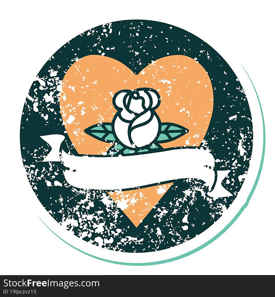 Distressed Sticker Tattoo Style Icon Of A Heart Rose And Banner