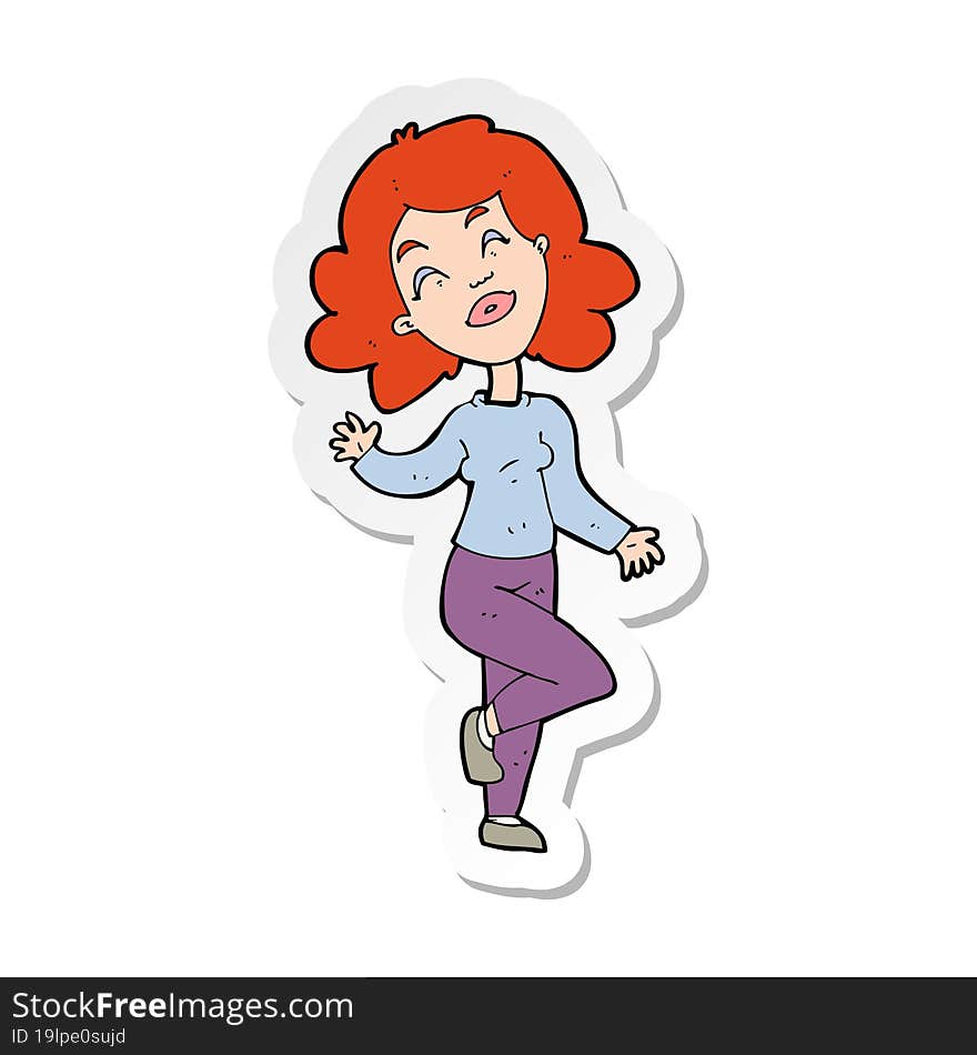 sticker of a cartoon happy woman dancing