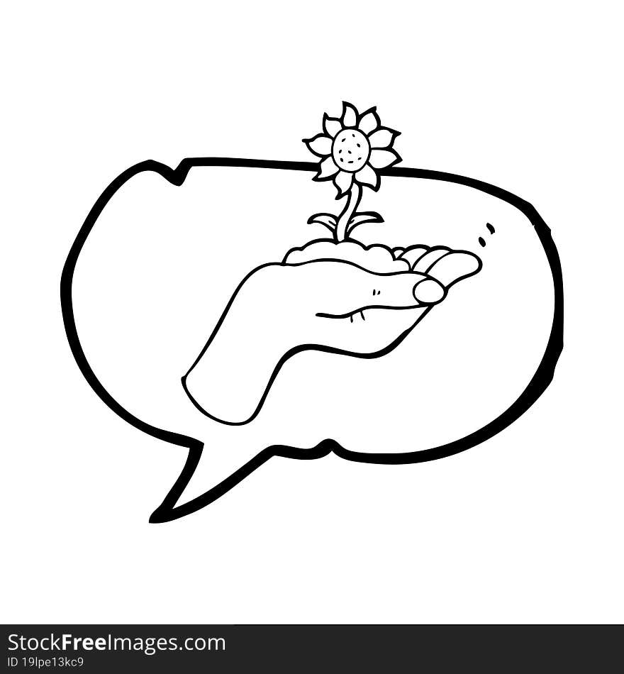 freehand drawn speech bubble cartoon flower growing in palm of hand