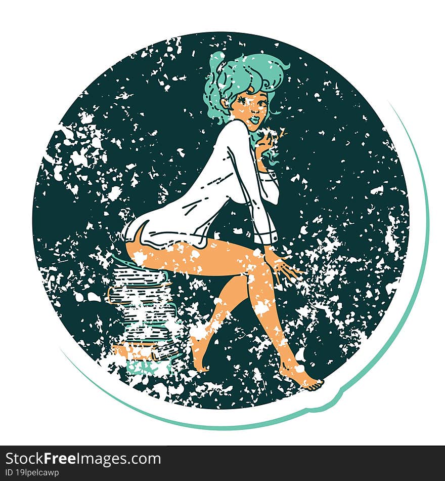 distressed sticker tattoo style icon of a pinup girl sitting on books