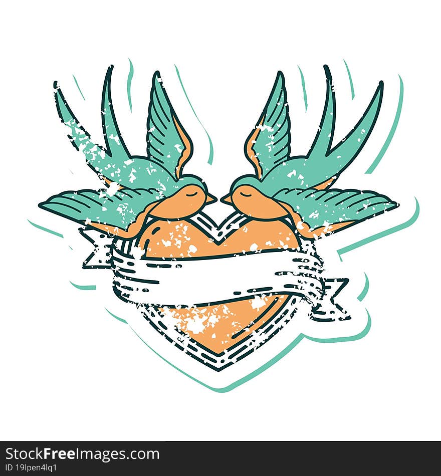 distressed sticker tattoo style icon of a swallows and a heart with banner