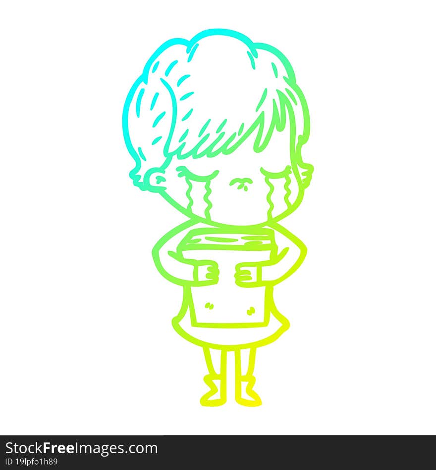 cold gradient line drawing of a cartoon woman crying