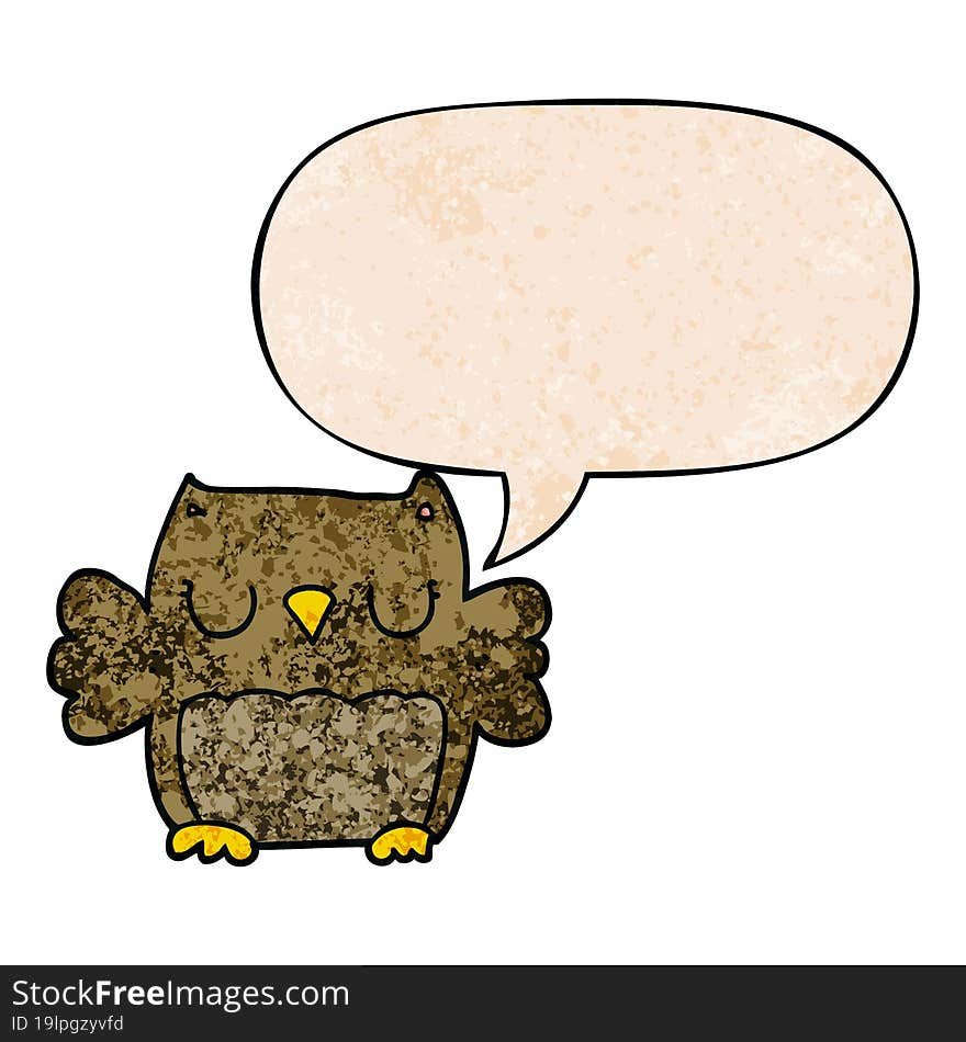 cute cartoon owl and speech bubble in retro texture style