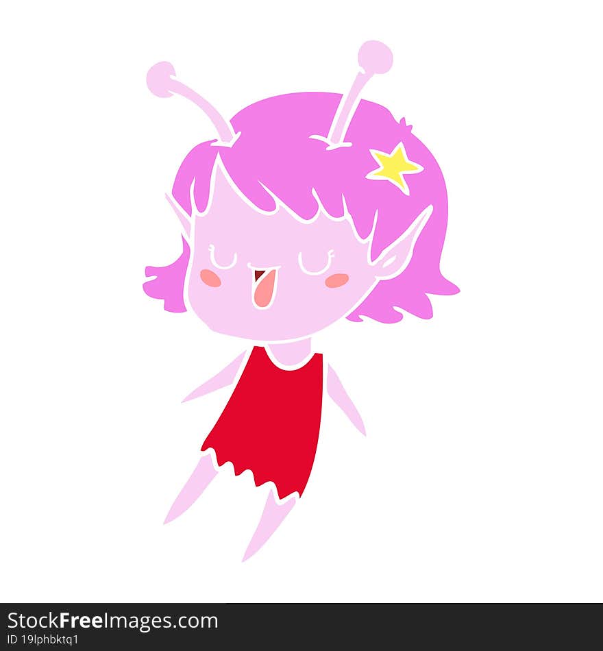 Happy Alien Girl Flat Color Style Cartoon