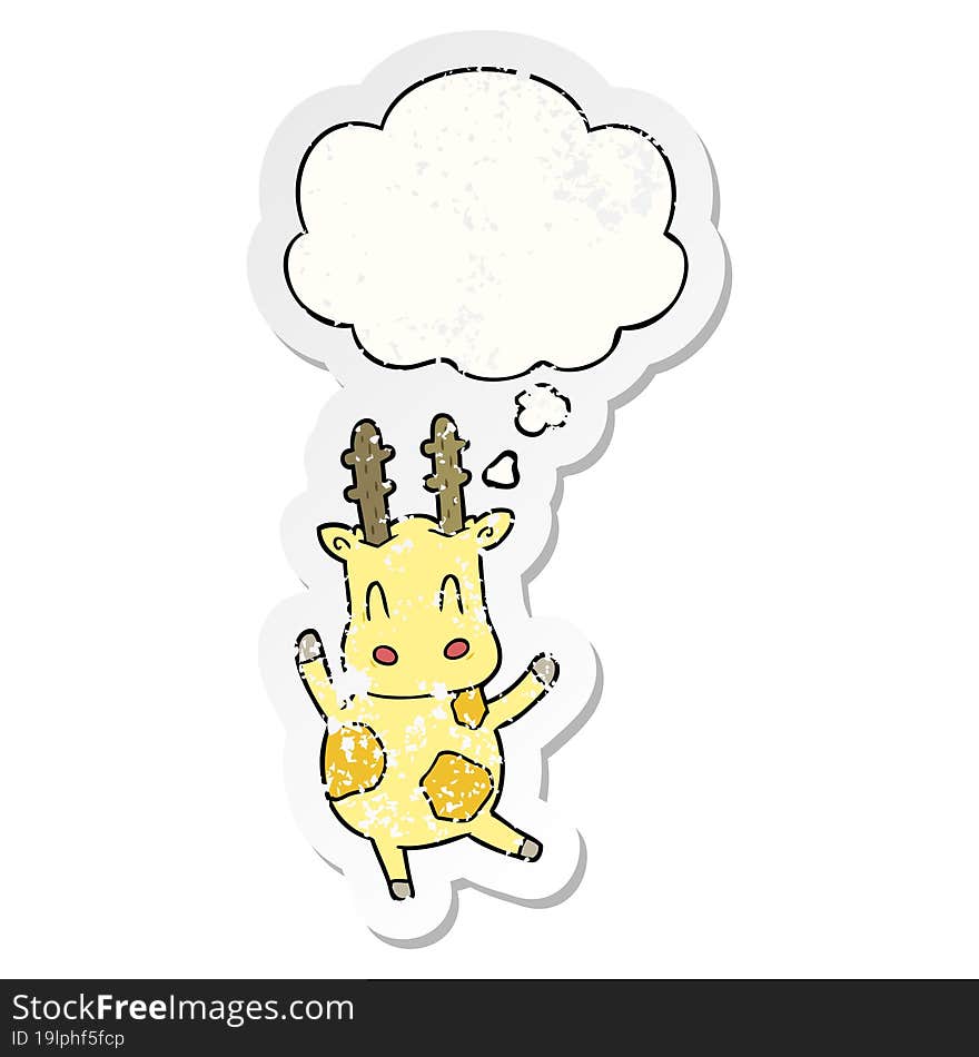 cute cartoon giraffe with thought bubble as a distressed worn sticker