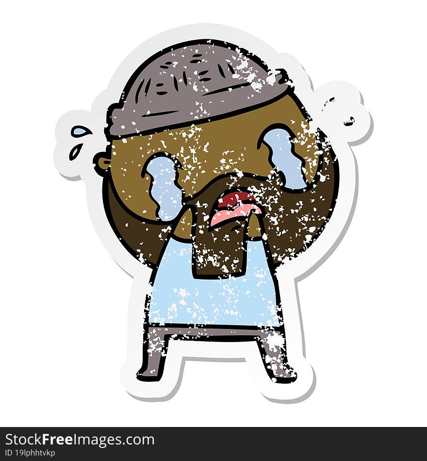 distressed sticker of a cartoon bearded man crying