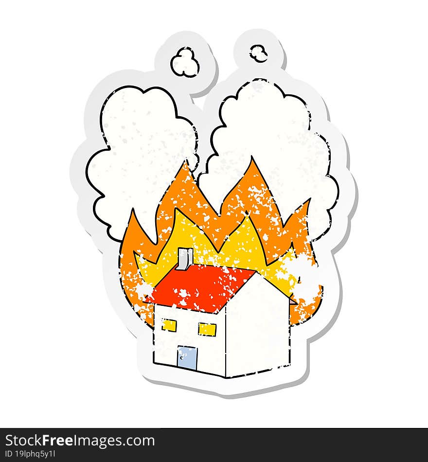 distressed sticker of a cartoon burning house