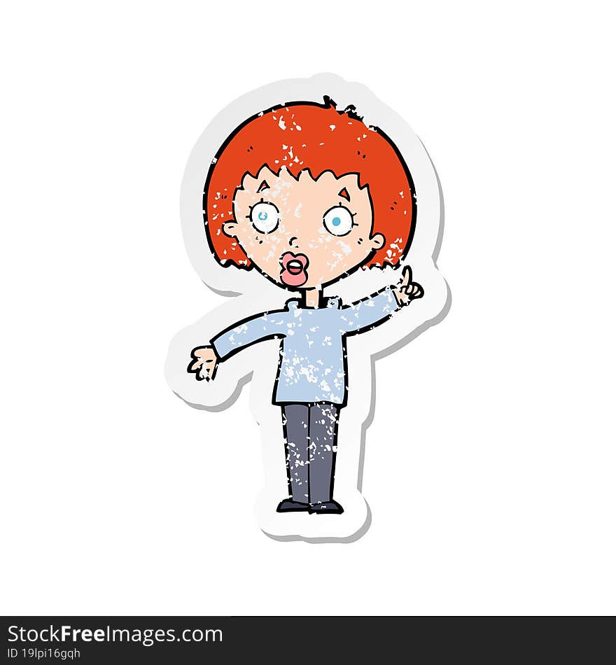 retro distressed sticker of a cartoon woman explaining her point