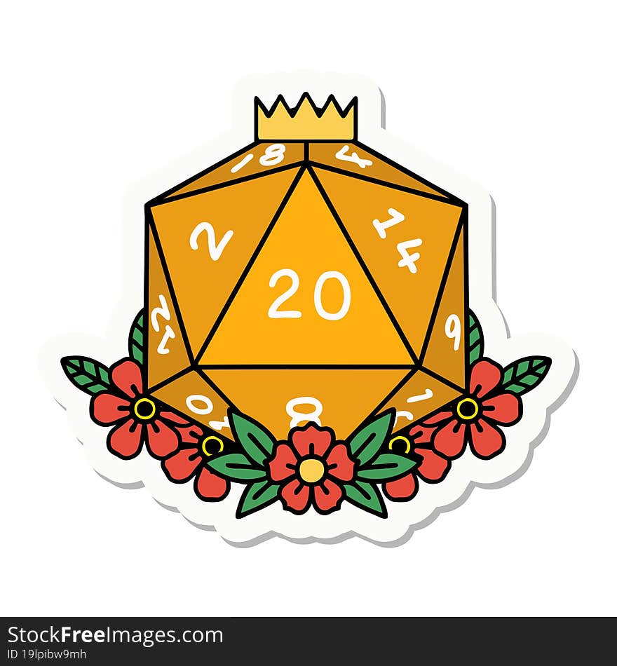 sticker of a natural 20 D20 dice roll with floral elements. sticker of a natural 20 D20 dice roll with floral elements