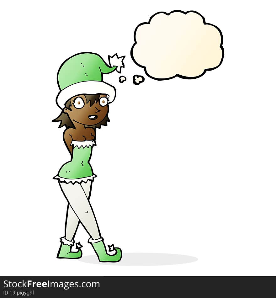 cartoon woman in christmas elf costume with thought bubble