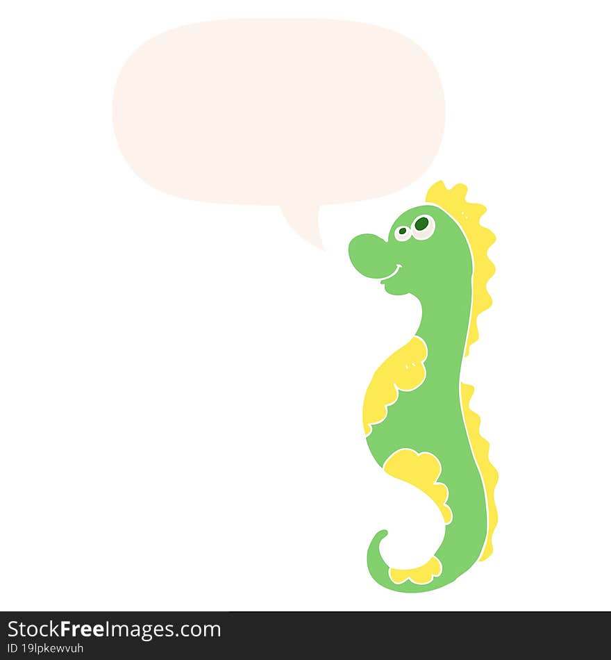 Cartoon Sea Horse And Speech Bubble In Retro Style