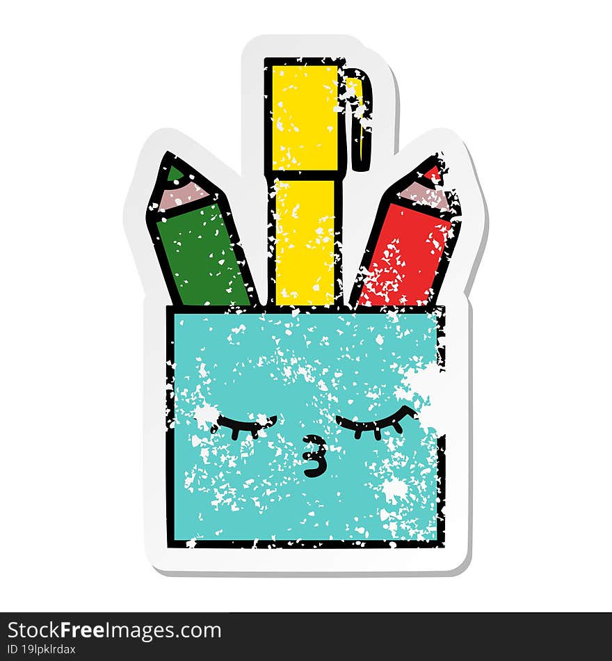 distressed sticker of a cute cartoon pencil pot