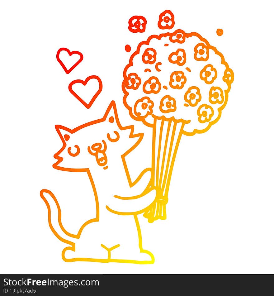 warm gradient line drawing of a cartoon cat in love with flowers