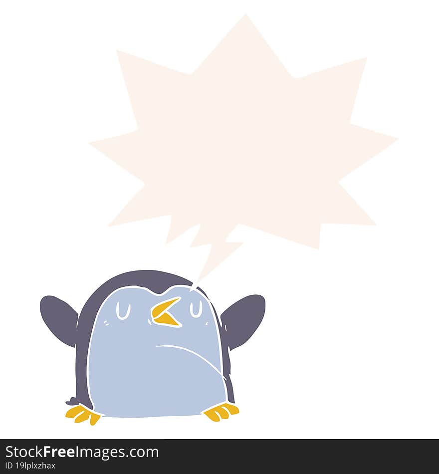 cartoon penguin with speech bubble in retro style