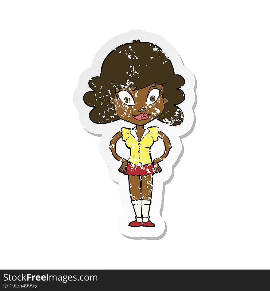 retro distressed sticker of a cartoon pretty woman