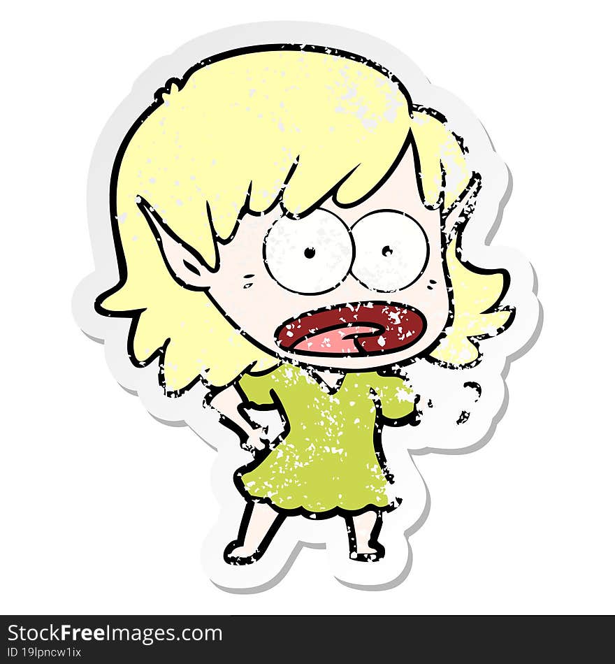 distressed sticker of a cartoon shocked elf girl pointing