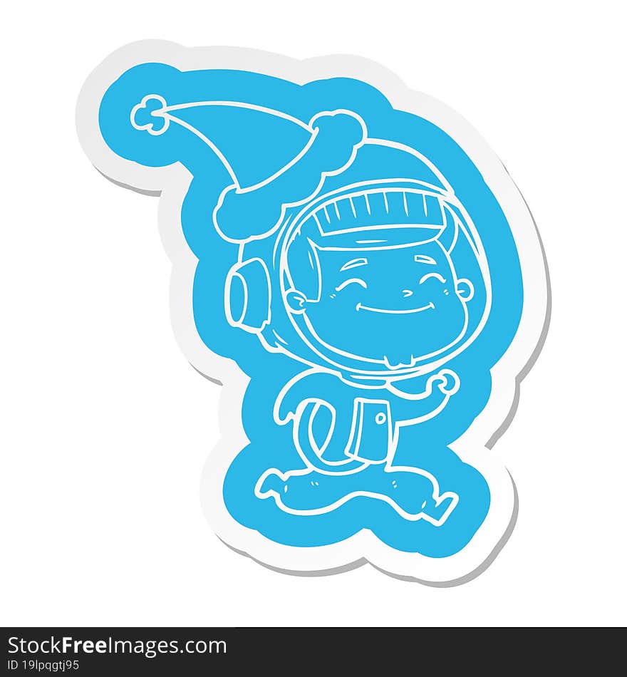 happy quirky cartoon  sticker of a astronaut wearing santa hat