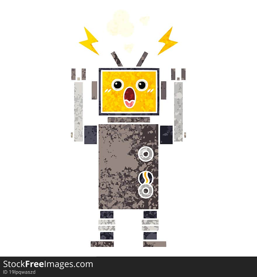 retro illustration style cartoon broken robot