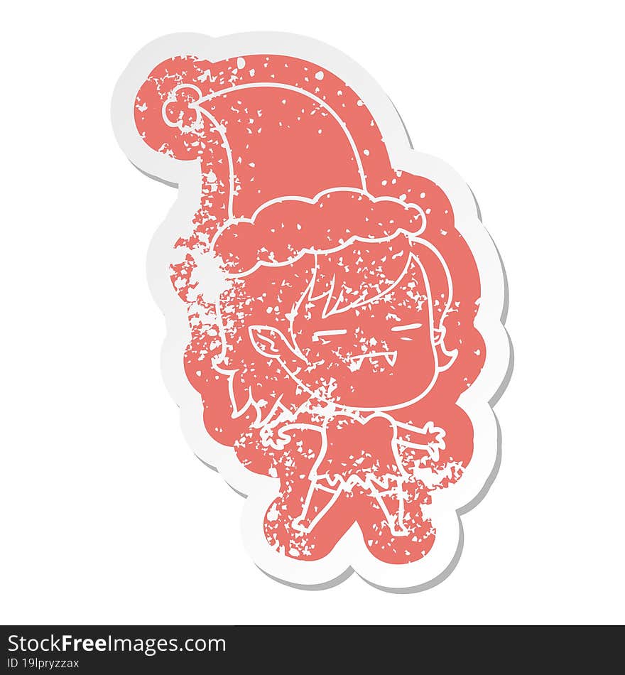 quirky cartoon distressed sticker of a undead vampire girl wearing santa hat