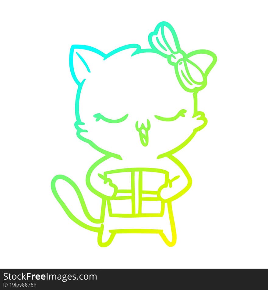 Cold Gradient Line Drawing Cartoon Girl Cat With Christmas Present