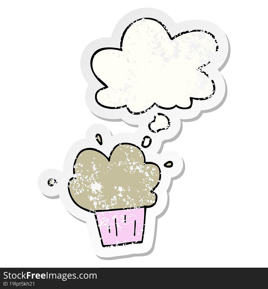 Cartoon Cupcake And Thought Bubble As A Distressed Worn Sticker