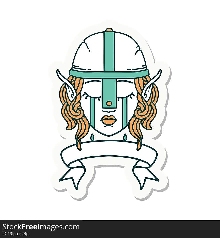 sticker of a crying elf fighter character face with banner. sticker of a crying elf fighter character face with banner