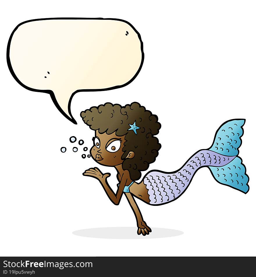 cartoon mermaid blowing kiss with speech bubble