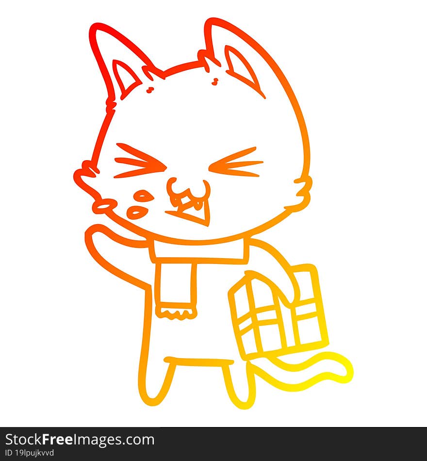 warm gradient line drawing cartoon hissing cat with christmas present