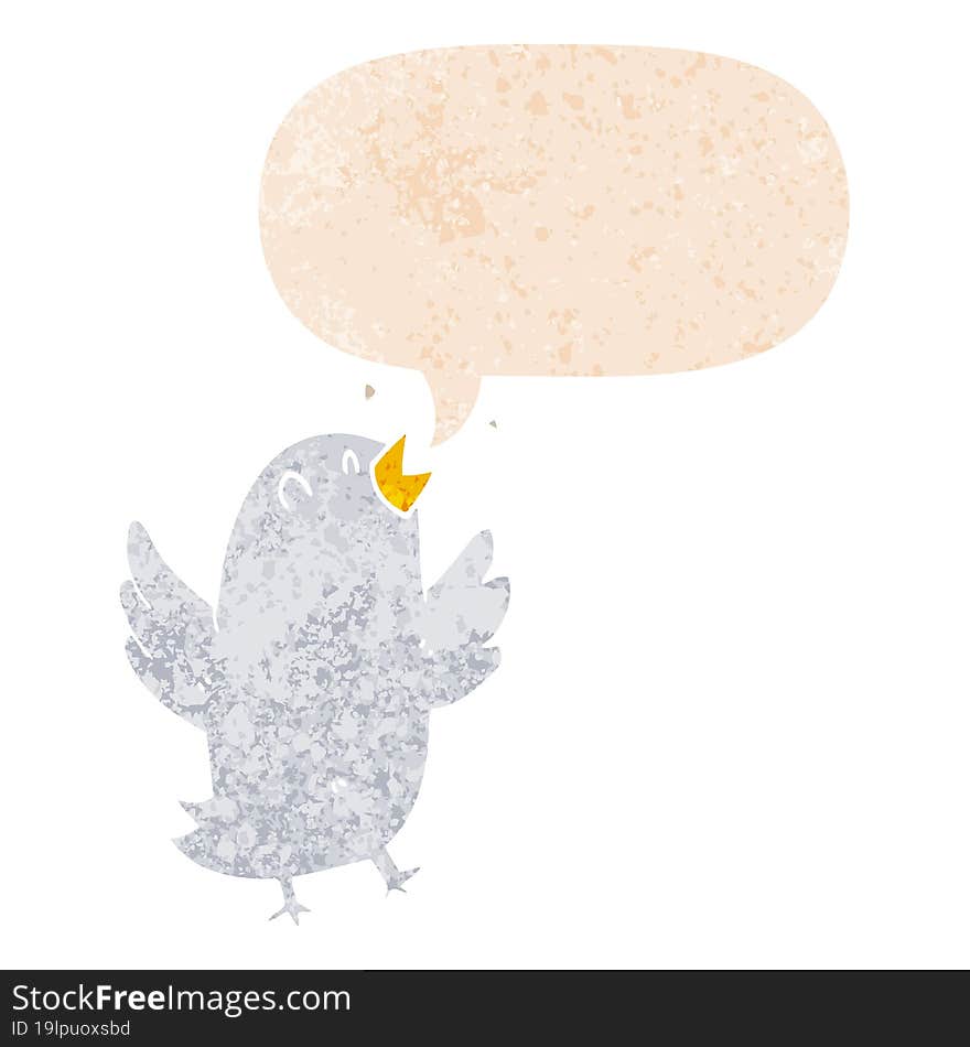 cartoon bird singing and speech bubble in retro textured style