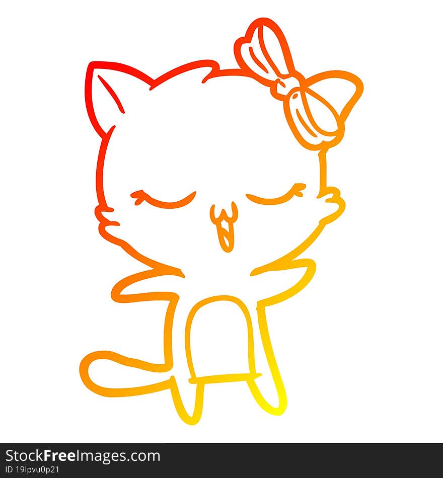 warm gradient line drawing cartoon cat with bow on head