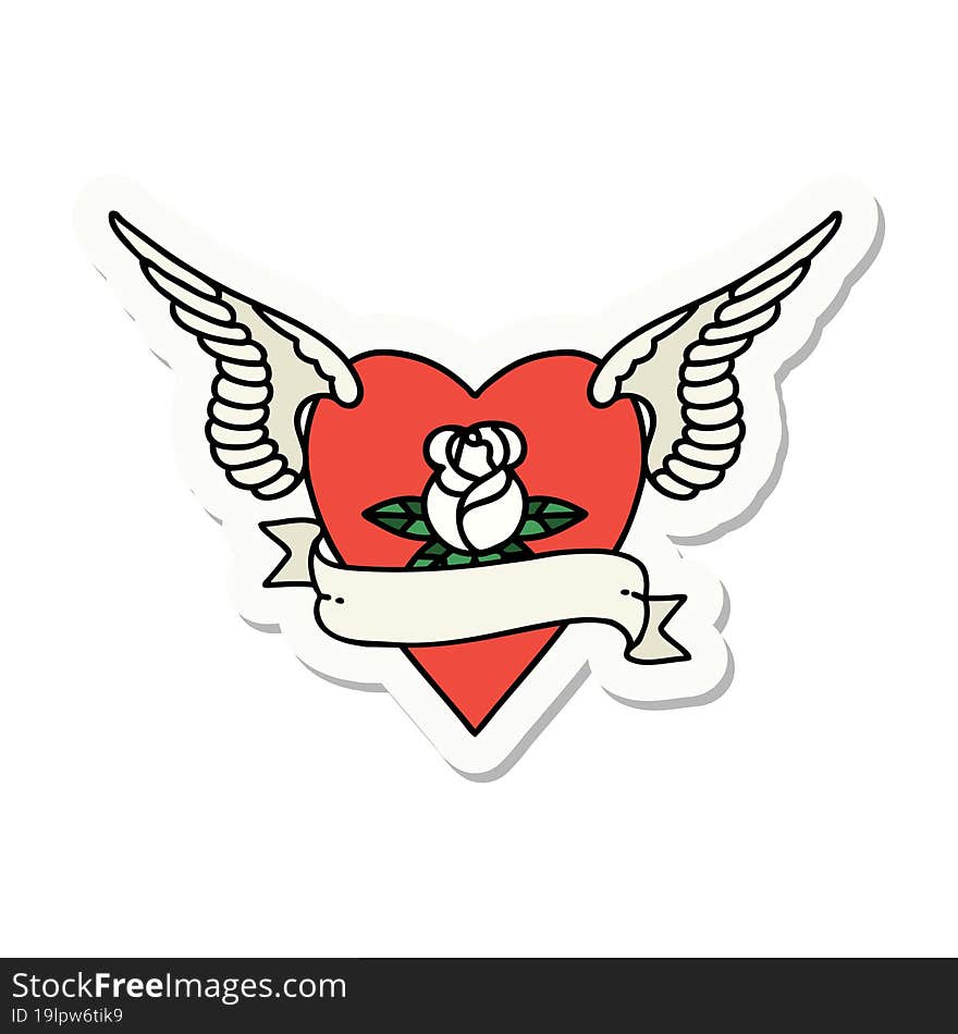 sticker of tattoo in traditional style of heart with wings a rose and banner. sticker of tattoo in traditional style of heart with wings a rose and banner