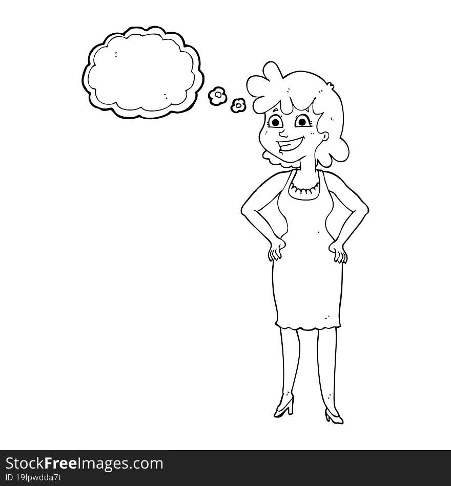 thought bubble cartoon happy woman wearing dress