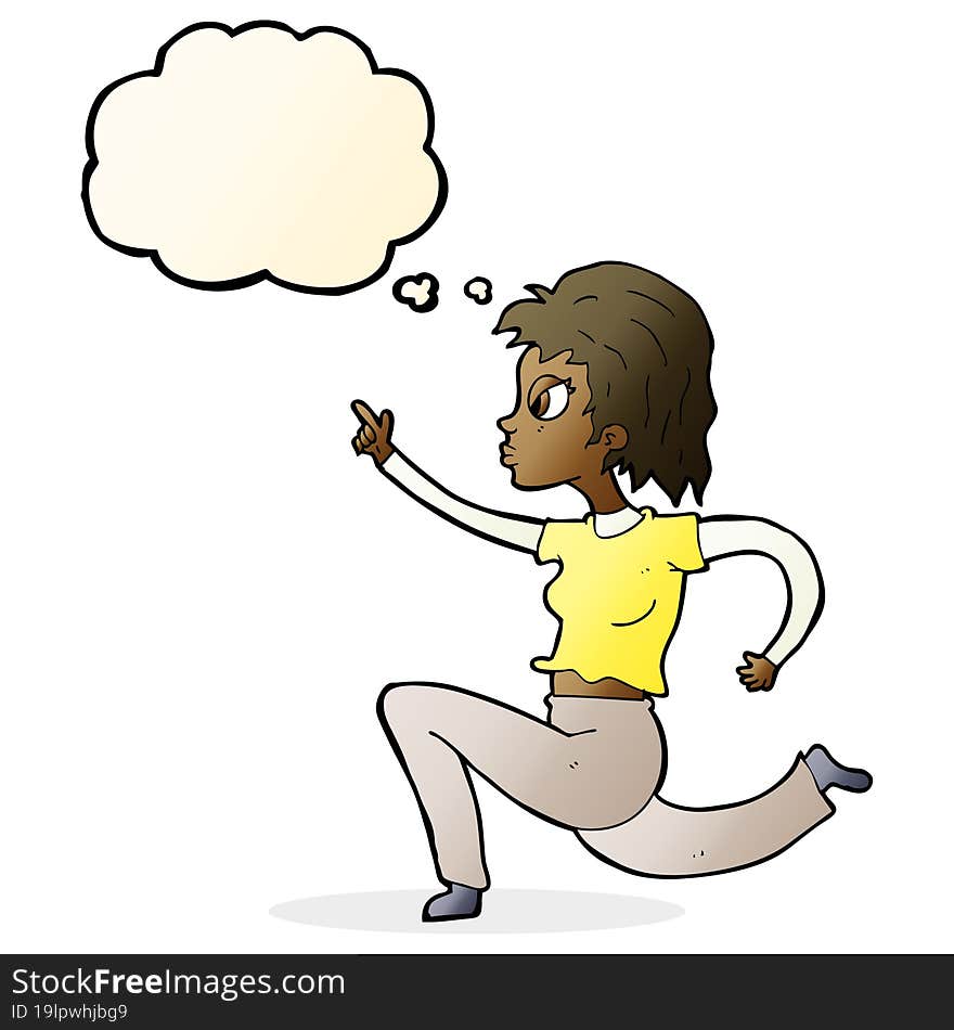 cartoon woman running and pointing with thought bubble