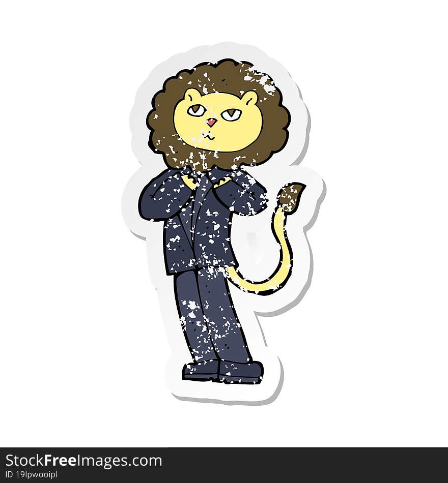 retro distressed sticker of a cartoon lion businessman