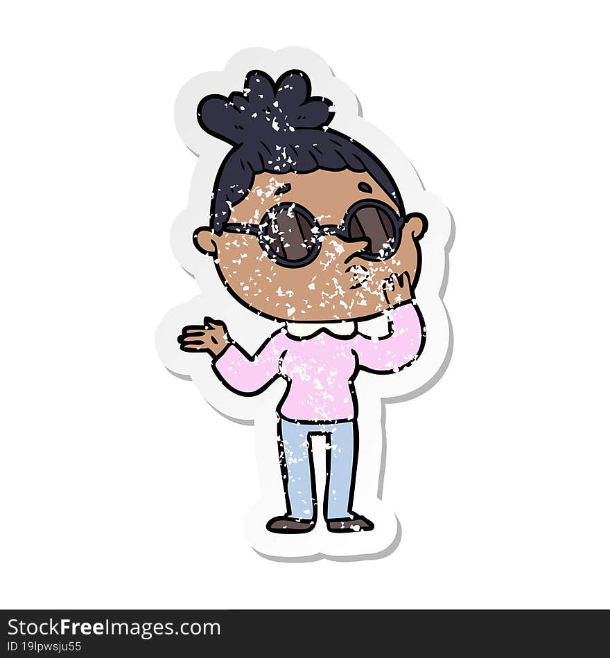 Distressed Sticker Of A Cartoon Woman Wearing Sunglasses