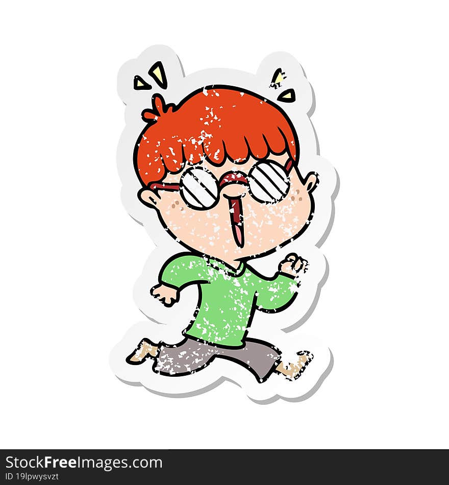 distressed sticker of a cartoon running boy wearing spectacles