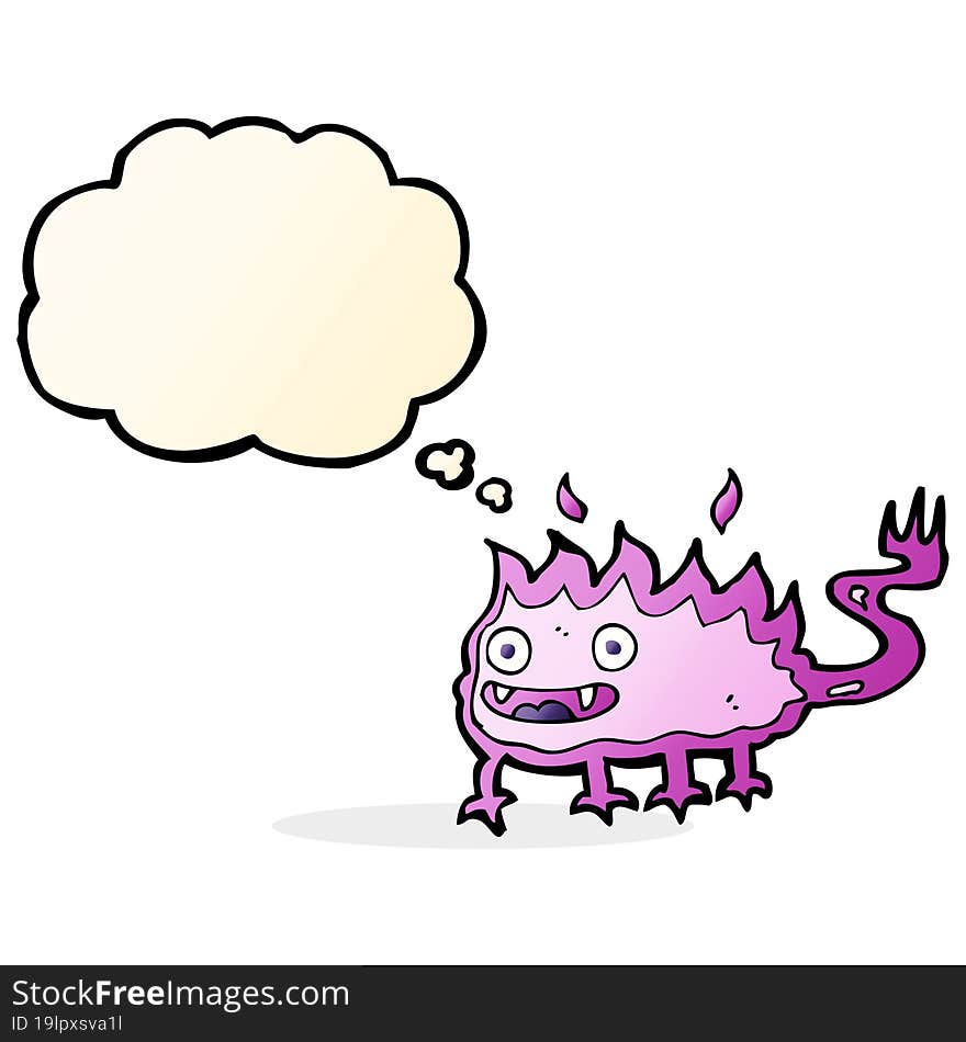 cartoon little fire demon with thought bubble