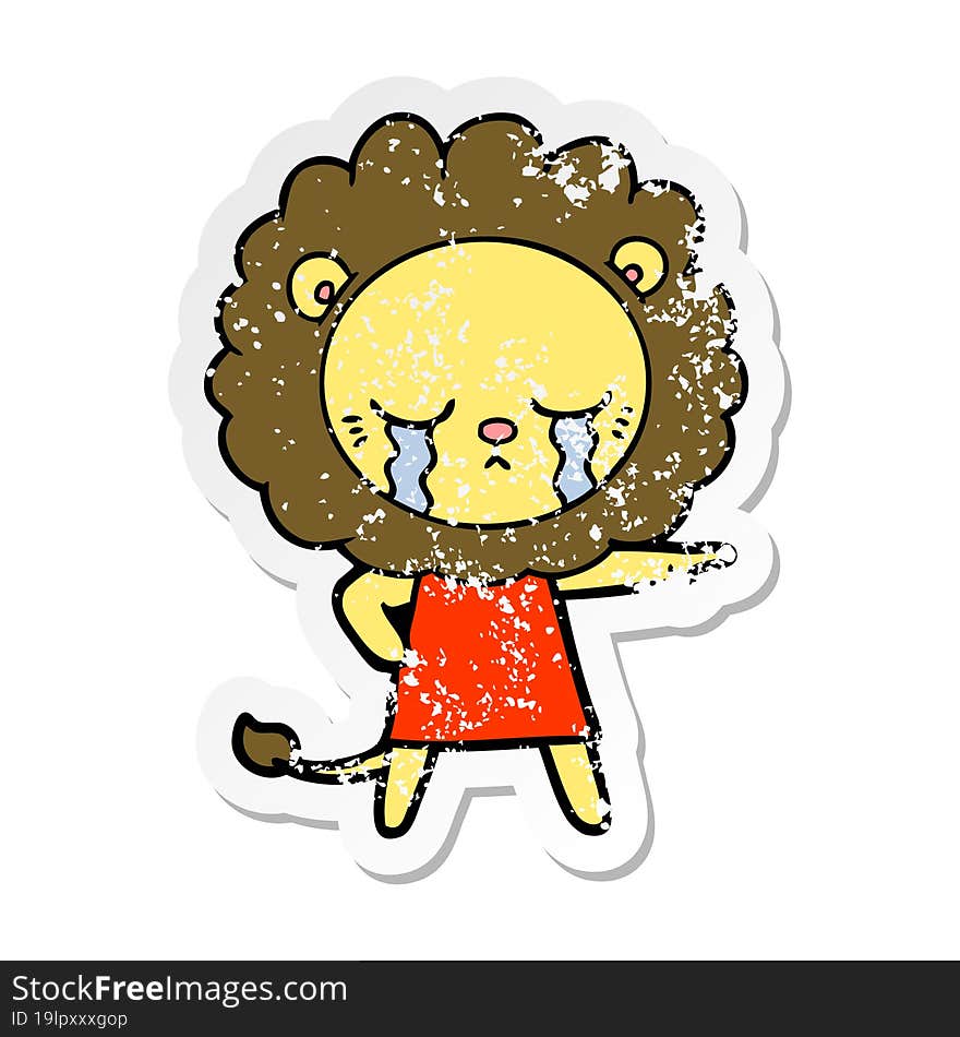 distressed sticker of a crying cartoon lion