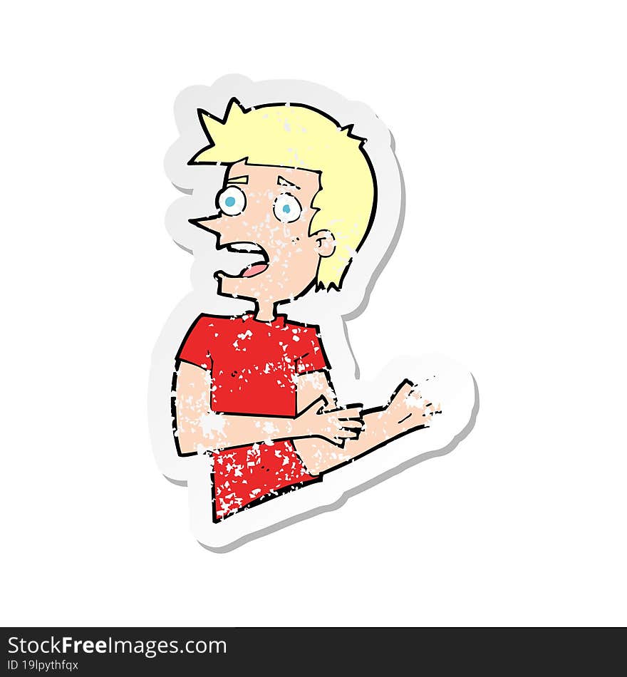 retro distressed sticker of a cartoon stressed man