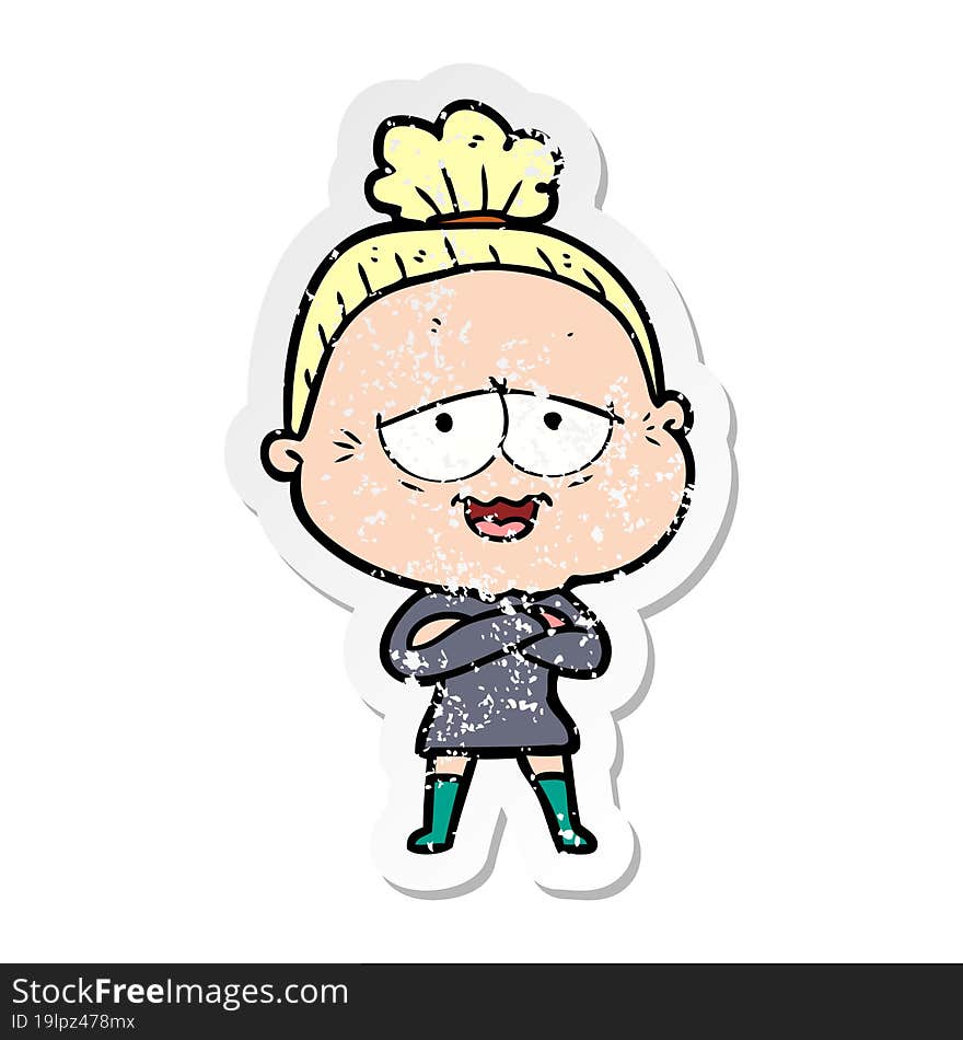 Distressed Sticker Of A Cartoon Happy Old Lady