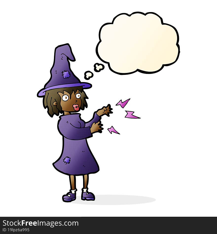 cartoon witch casting spell with thought bubble