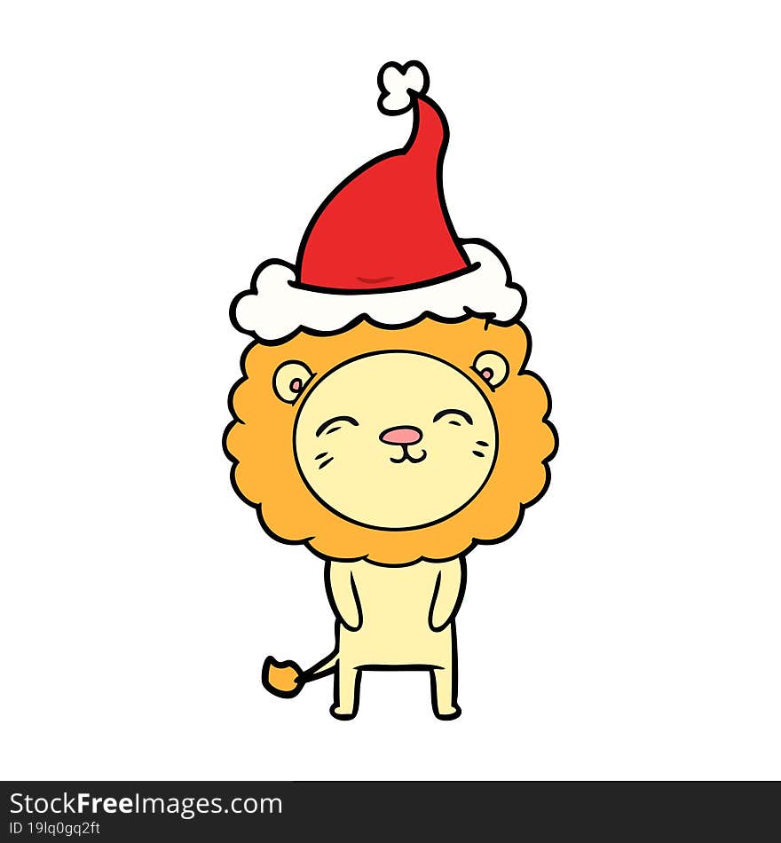 hand drawn line drawing of a lion wearing santa hat