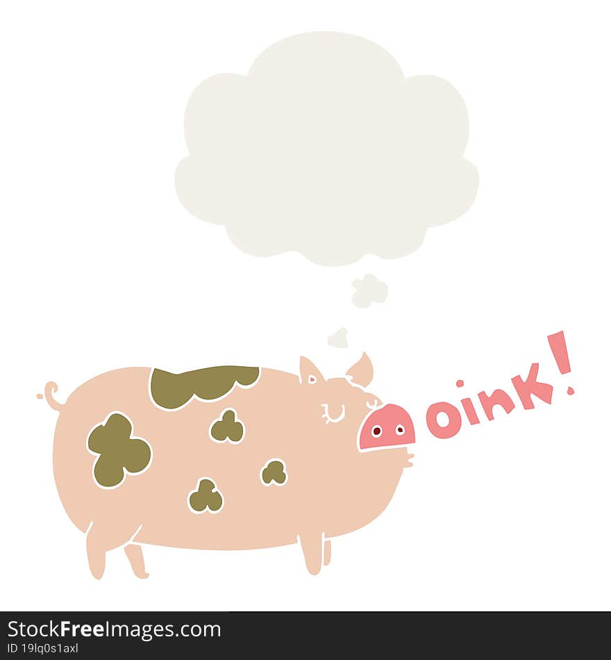 cartoon oinking pig and thought bubble in retro style